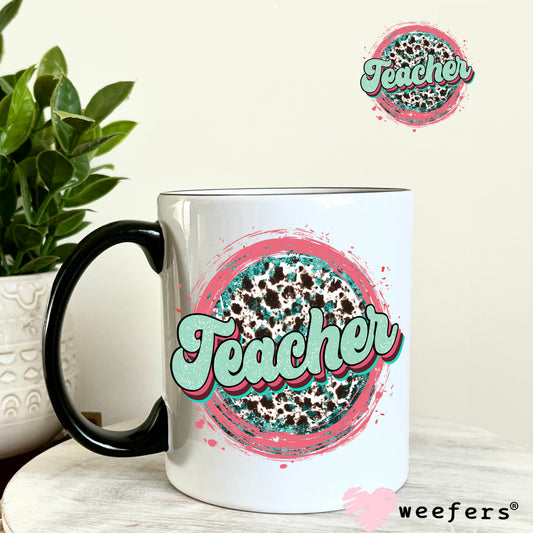 Teacher Cheetah Print Coral and Mint UV DTF Decal 11oz Coffee Mug Weefers