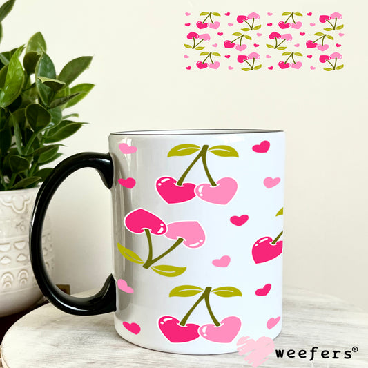 Pink and Hot Pink Cherries UV DTF Cup Wrap 11oz Coffee Mug Weefers