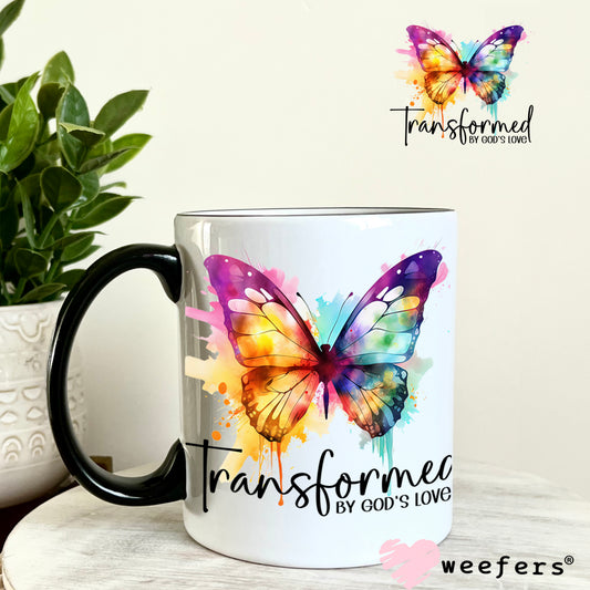 Transformed by God's Love Butterfly UV DTF Decal 11oz Coffee Mug Weefers