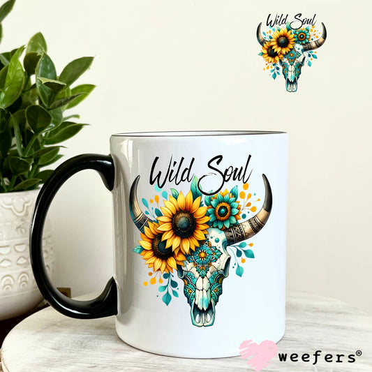 Wild Soul Teal Sunflower Cow Skull UV DTF Decal 11oz Coffee Mug Weefers