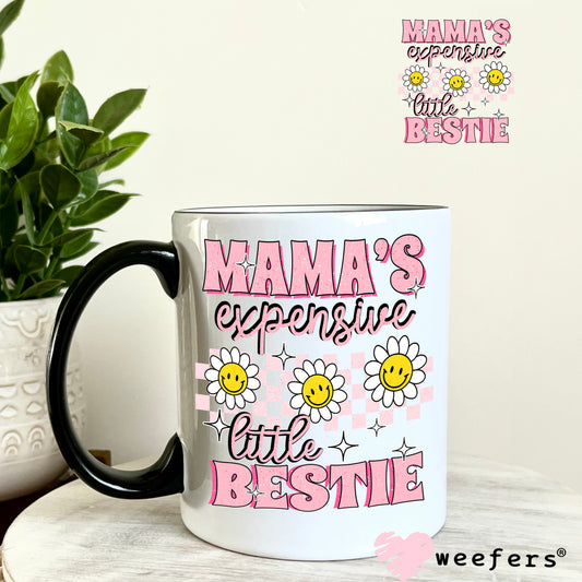 Mama's Expensive Little Bestie Pink Flowers UV DTF Decal 11oz Coffee Mug Weefers