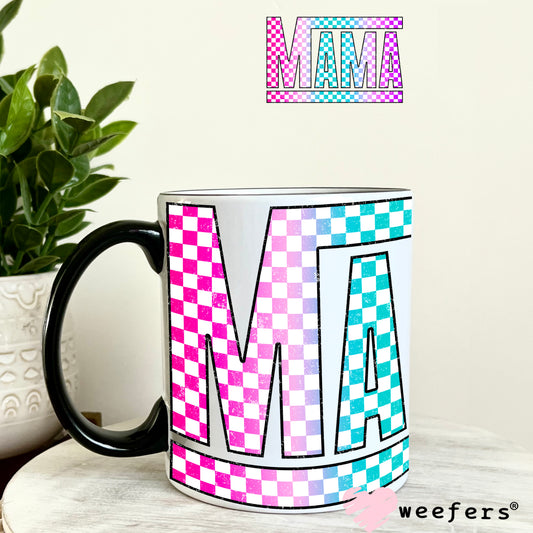 Mama Checkered Pink Teal Purple UV DTF Decal 11oz Coffee Mug Weefers