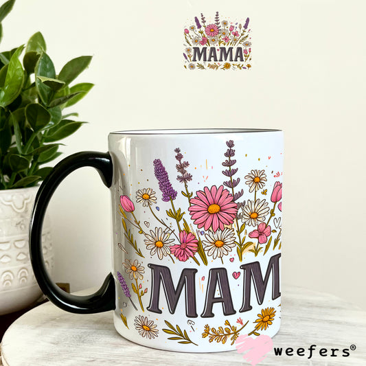 Mama Grey Pink Wildflowers UV DTF Decal 11oz Coffee Mug Weefers