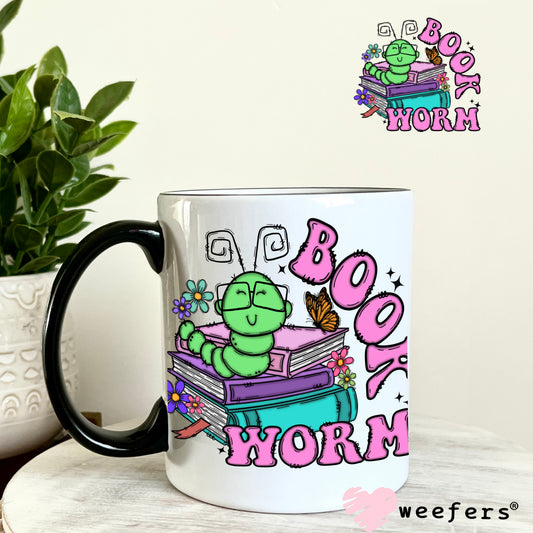 Bookworm Green Purple UV DTF Decal 11oz Coffee Mug Weefers