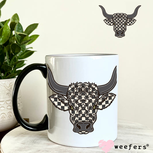 Grey Checkered Bull Face UV DTF Decal 11oz Coffee Mug Weefers