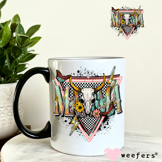 Mama Pink Teal Western Cow Skull UV DTF Decal 11oz Coffee Mug Weefers