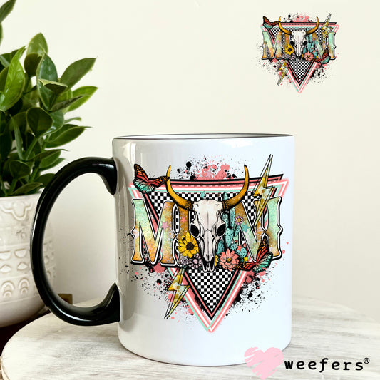 Mini Pink Teal Western Cow Skull UV DTF Decal 11oz Coffee Mug Weefers