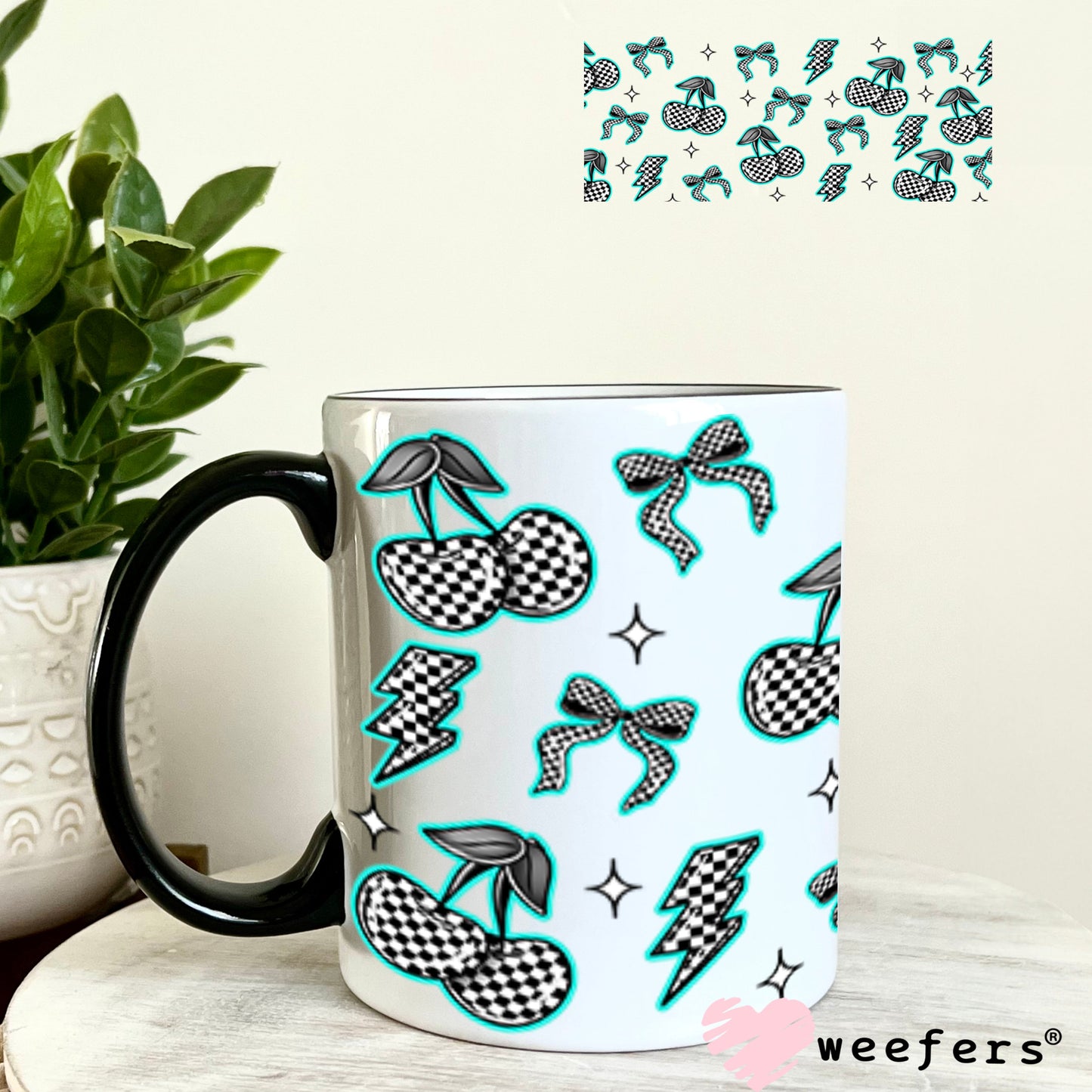 Teal Black and White Checkered Cherries and Bows UV DTF Cup Wrap - WEEFERS EXCLUSIVE WRAP 11oz Coffee Mug Cup Wrap Weefers
