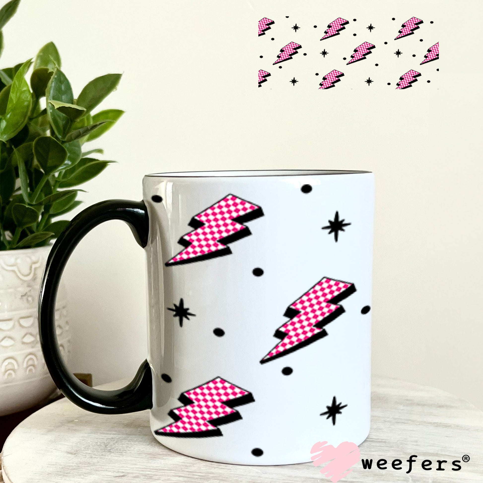 Pink and White Checkered Lightening Bolts UV DTF Cup Wrap - WEEFERS EXCLUSIVE WRAP 11oz Coffee Mug Cup Wrap Weefers
