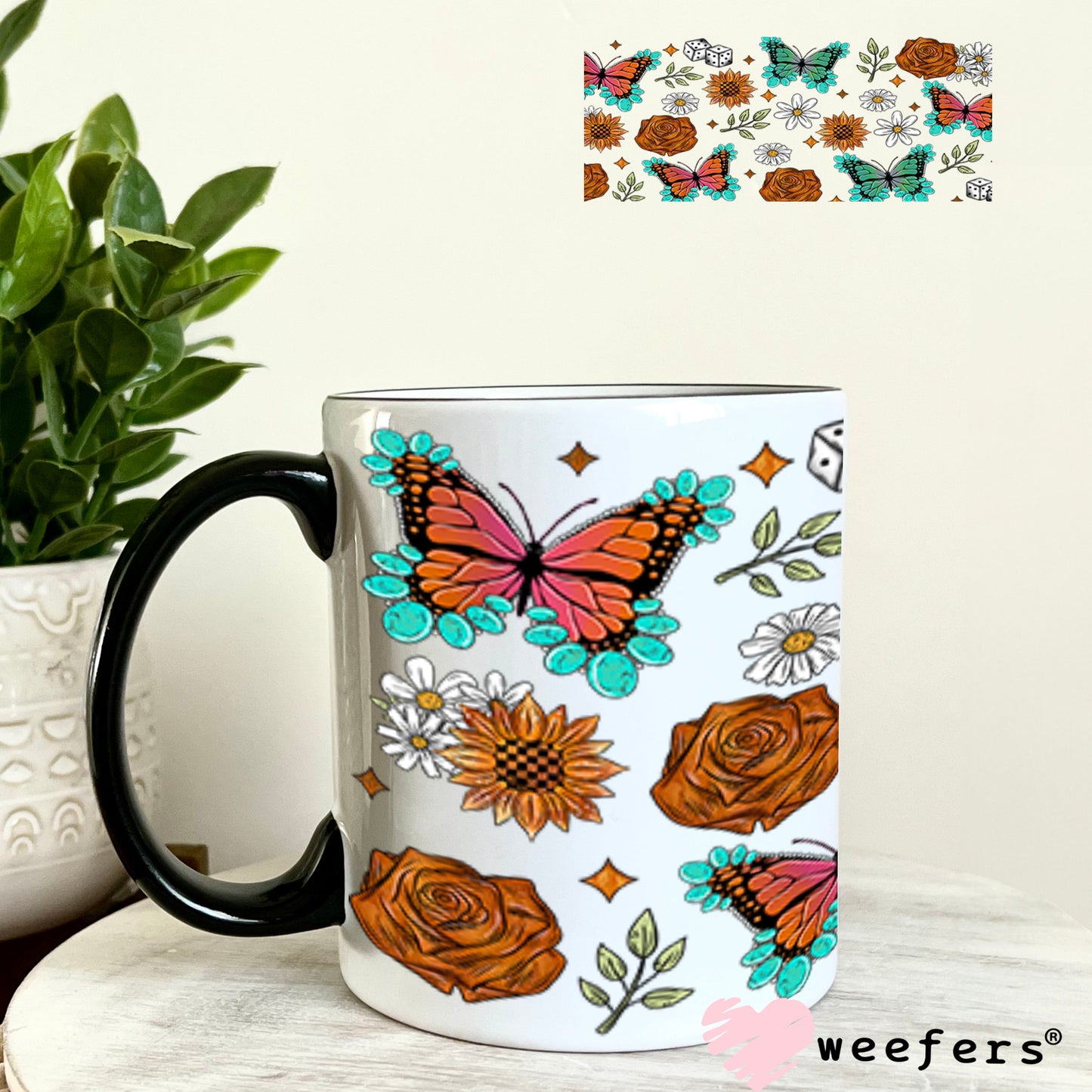 Rust Roses Butterflies and Sunflowers UV DTF Cup Wrap - WEEFERS EXCLUSIVE WRAP 11oz Coffee Mug Cup Wrap Weefers