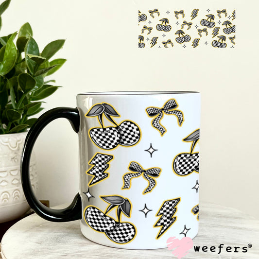 Yellow Black and White Checkered Cherries and Bows UV DTF Cup Wrap - WEEFERS EXCLUSIVE WRAP 11oz Coffee Mug Cup Wrap Weefers