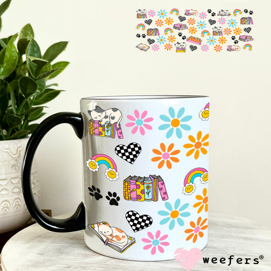 Retro Cats and Books UV DTF Cup Wrap 11oz Coffee Mug Weefers