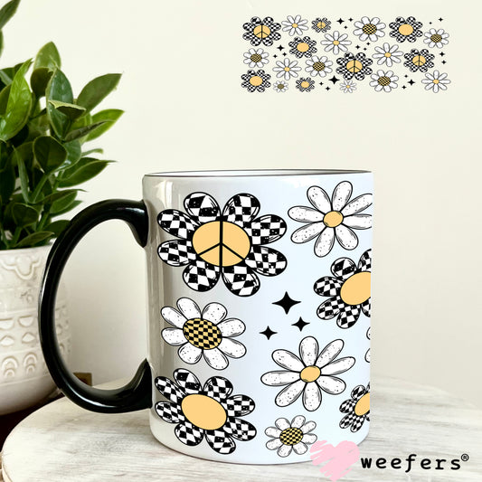 Black and White Checkered Flowers and White Daisies Scattered UV DTF Cup Wrap 11oz Coffee Mug Weefers