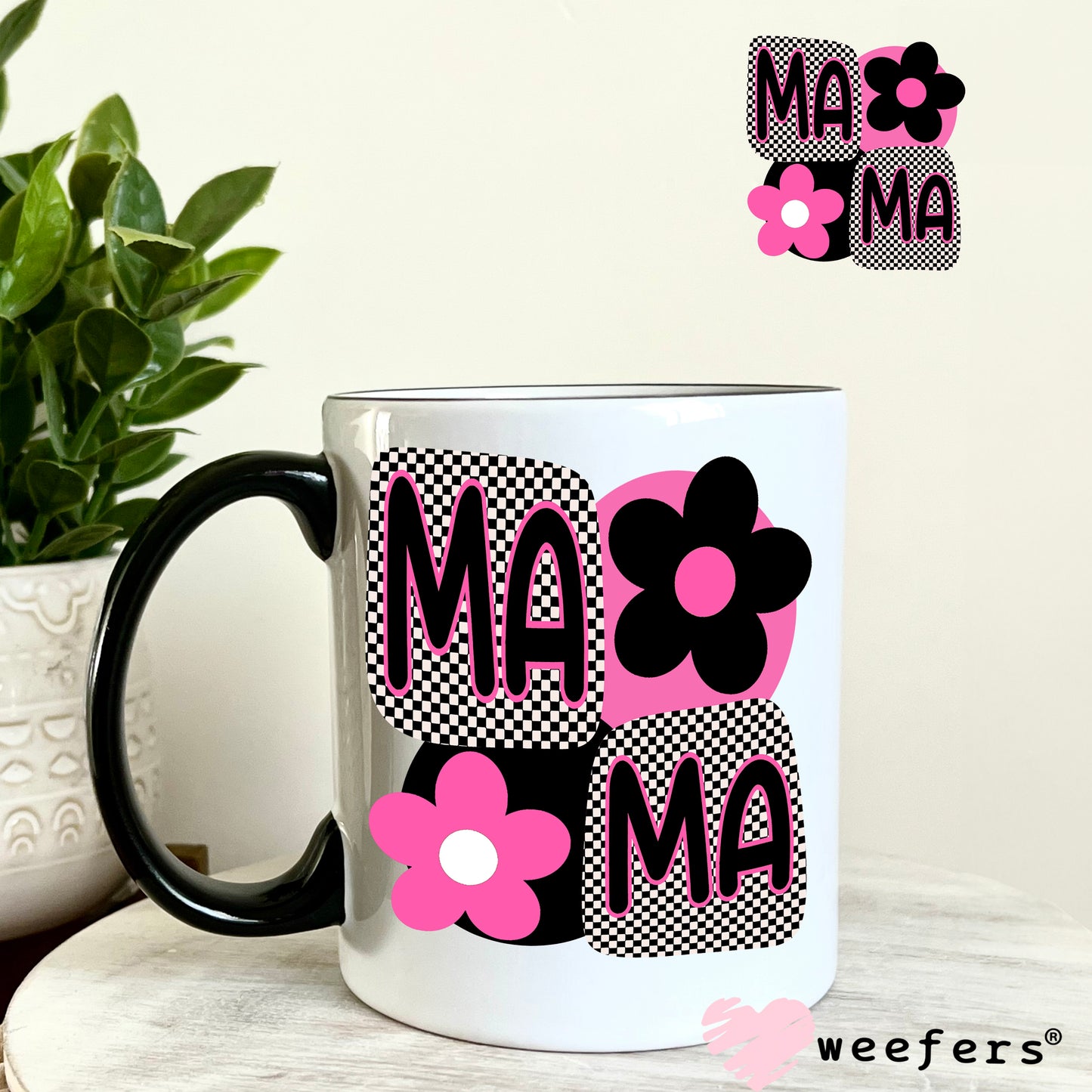Mama Black and Pink UV DTF Decal 11oz Coffee Mug Weefers
