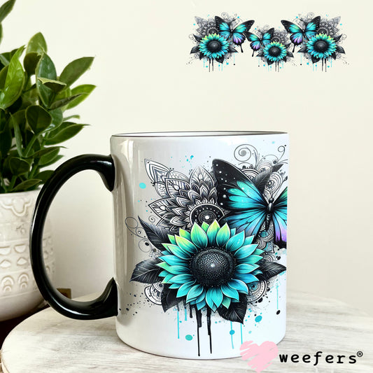Teal Black and Purple Butterflies UV DTF Cup Wrap 11oz Coffee Mug Weefers