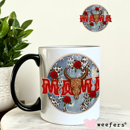 Red Mama Denim Round UV DTF Decal 11oz Coffee Mug Weefers