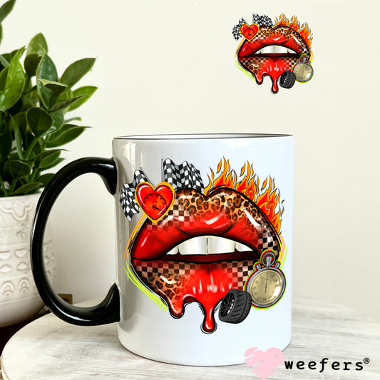Race Day Red Lips UV DTF Decal 11oz Coffee Mug Weefers