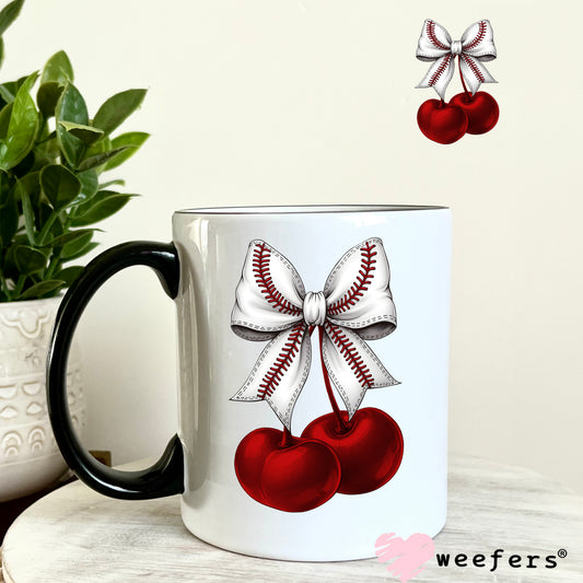 Cherry Baseball Bow UV DTF Decal 11oz Coffee Mug Weefers