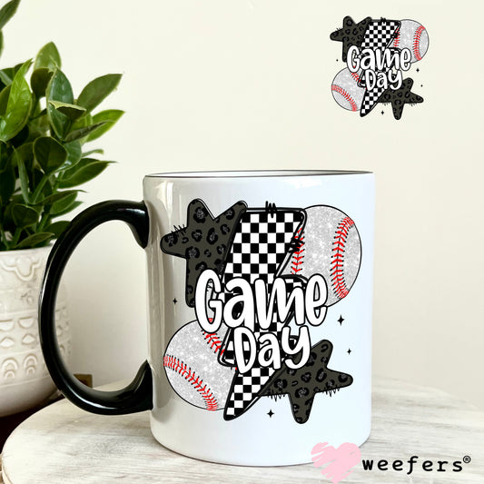 Game Day Baseball Black Checkered Lightening Bolts UV DTF Decal 11oz Coffee Mug Weefers