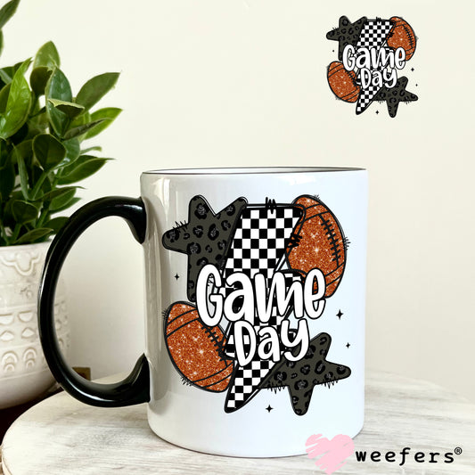 Game Day Football Black Checkered Lightening Bolts UV DTF Decal 11oz Coffee Mug Weefers
