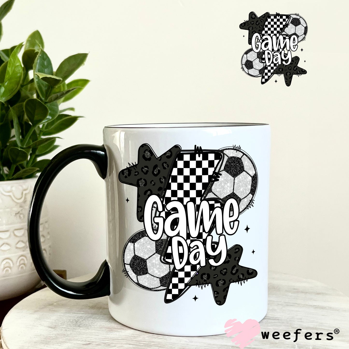 Game Day Soccer Black Checkered Lightening Bolts UV DTF Decal 11oz Coffee Mug Weefers