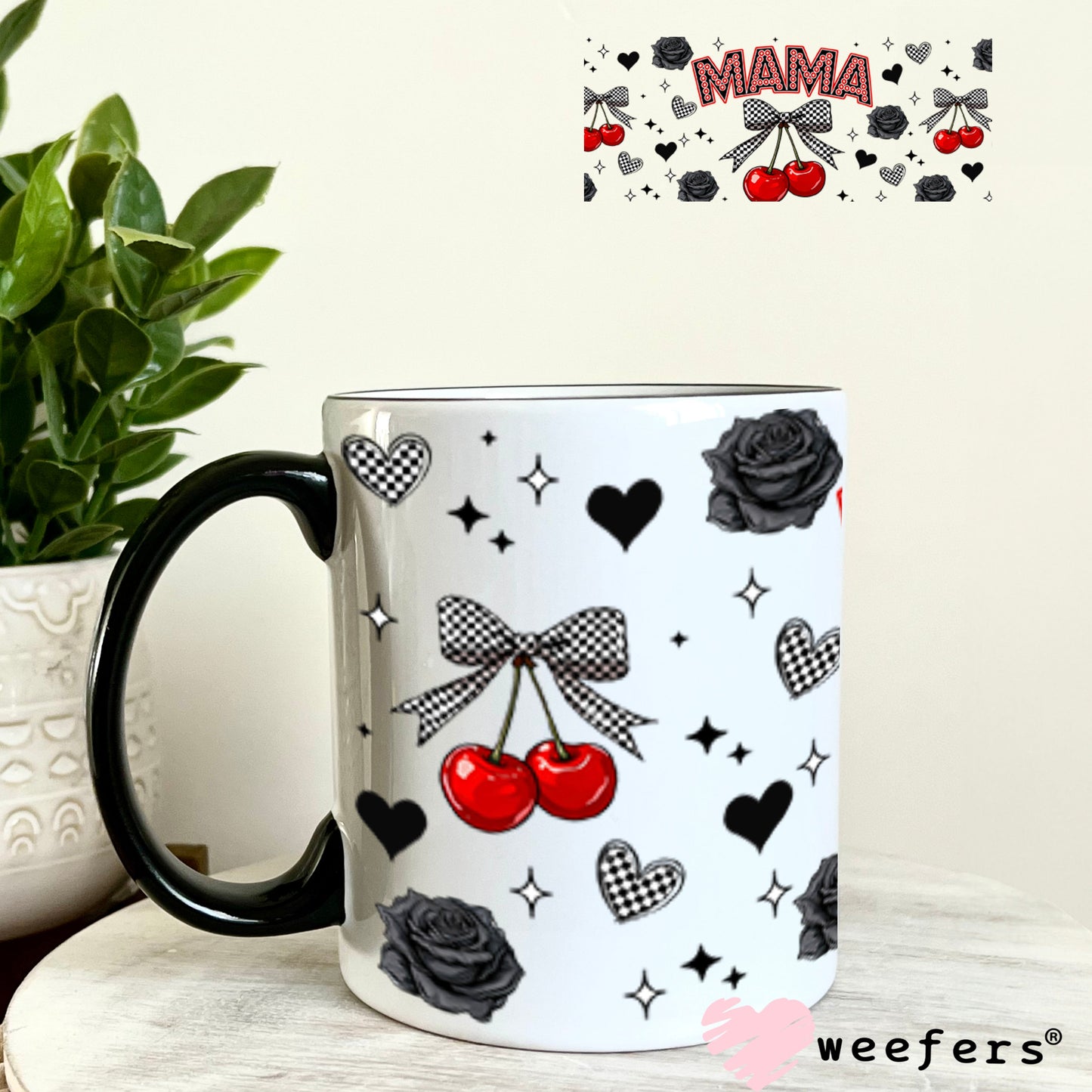 Mama Checkered Bow Cherries UV DTF Cup Wrap - Weefers® Exclusive 11oz Coffee Mug Cup Wrap Weefers