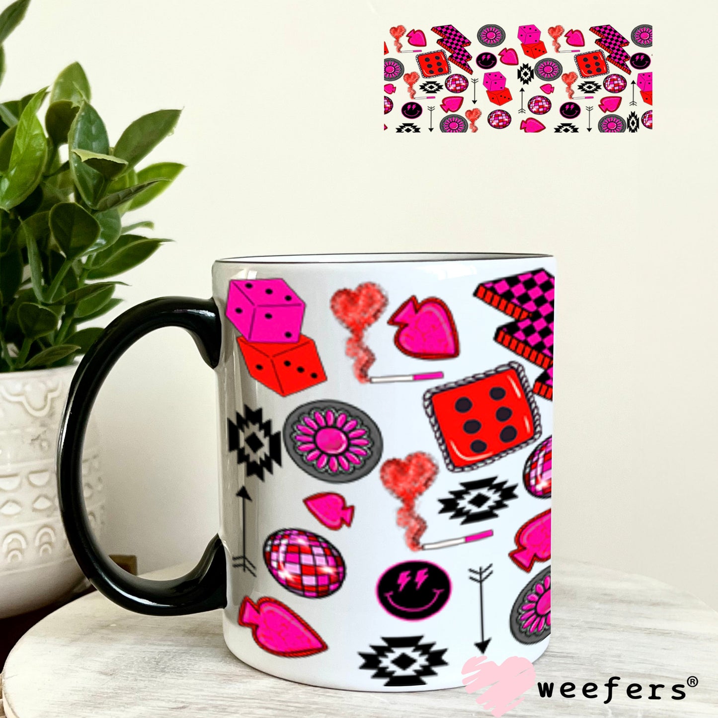 Caffeine and Chaos Hot Pink Dice Sidekick UV DTF Cup Wrap - WEEFERS EXCLUSIVE WRAP 11oz Coffee Mug Cup Wrap Weefers