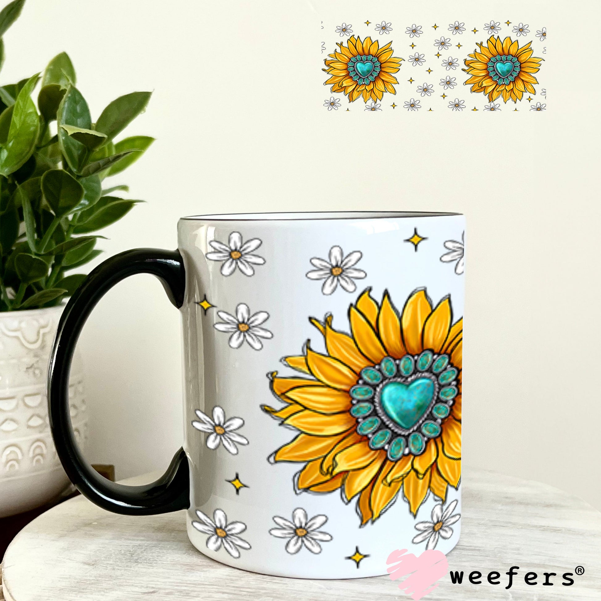 Yellow Sunflower Turquoise Jewels UV DTF Cup Wrap - WEEFERS EXCLUSIVE WRAP 11oz Coffee Mug Cup Wrap Weefers