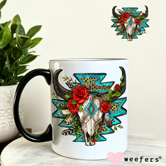 Teal and Red Cow Skull UV DTF Decal 11oz Coffee Mug Weefers