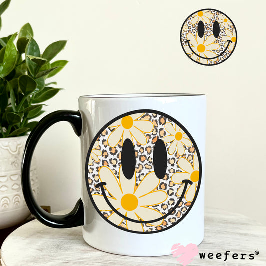 Yellow Flowers Leopard Smile Face UV DTF Decal 11oz Coffee Mug Weefers