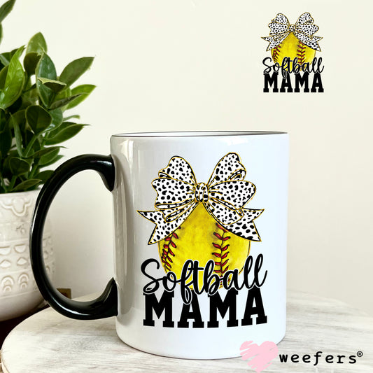 Softball Mama Dotted Bow UV DTF Decal 11oz Coffee Mug Weefers