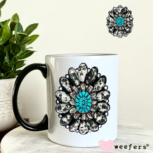 Black and White Dotted Turquoise Jewel UV DTF Decal 11oz Coffee Mug Weefers