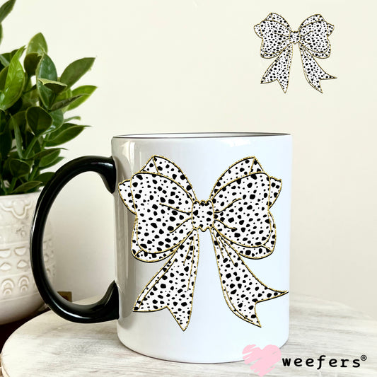 Black and White Dotted Bow Gold Outline Jewel UV DTF Decal 11oz Coffee Mug Weefers