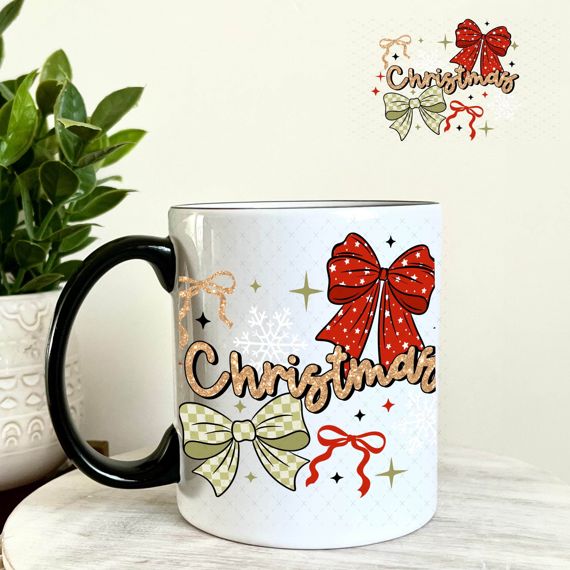 Christmas Bows UV DTF Decal 11oz Coffee Mug Weefers
