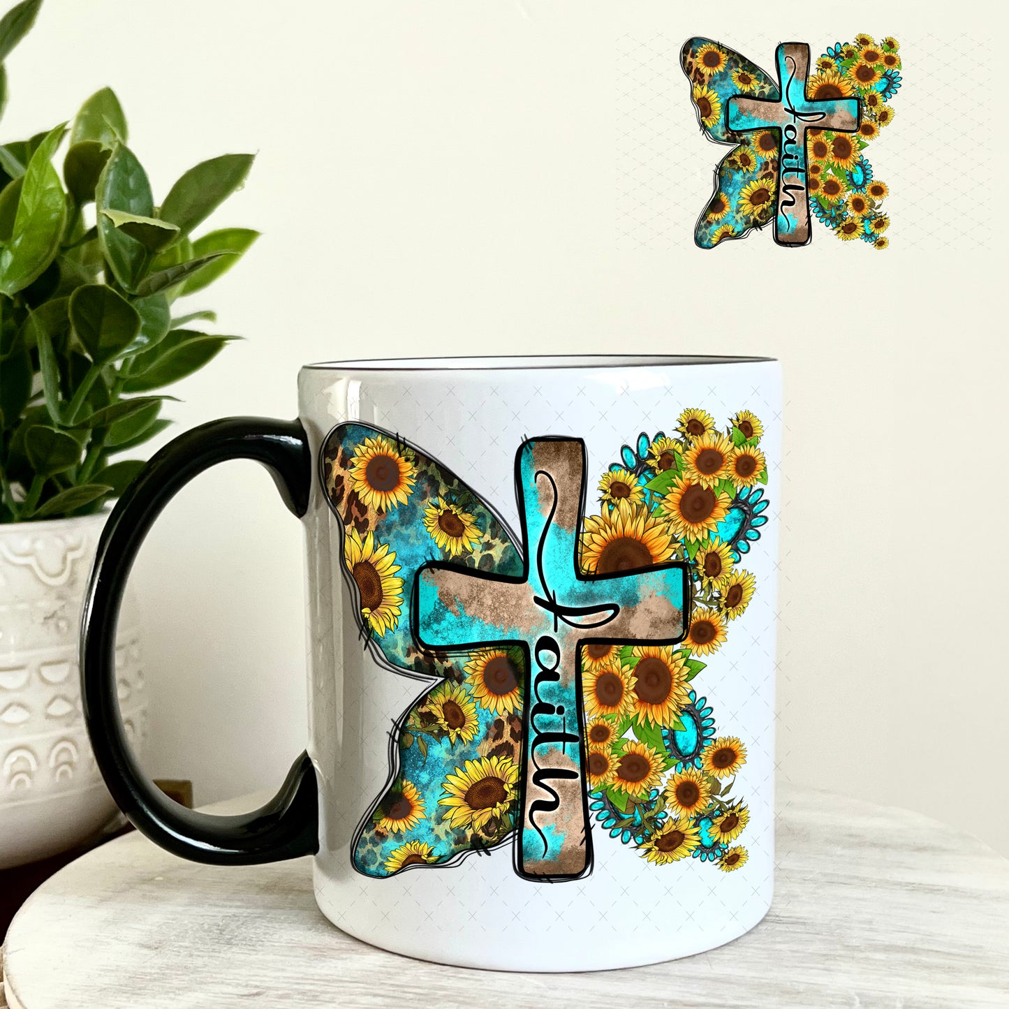 Faith Cross Sunflowers UV DTF Decal 11oz Coffee Mug Weefers