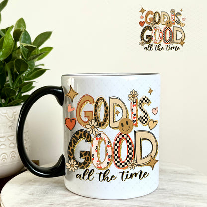 God is Good All The Time Gold and Tan UV DTF Decal 11oz Coffee Mug Weefers