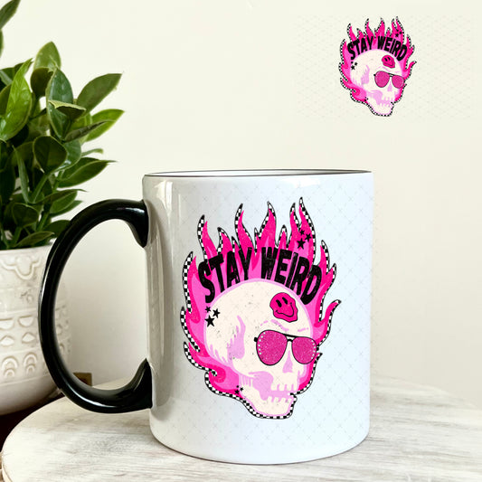 Stay Weird Pink Skull UV DTF Decal 11oz Coffee Mug Weefers