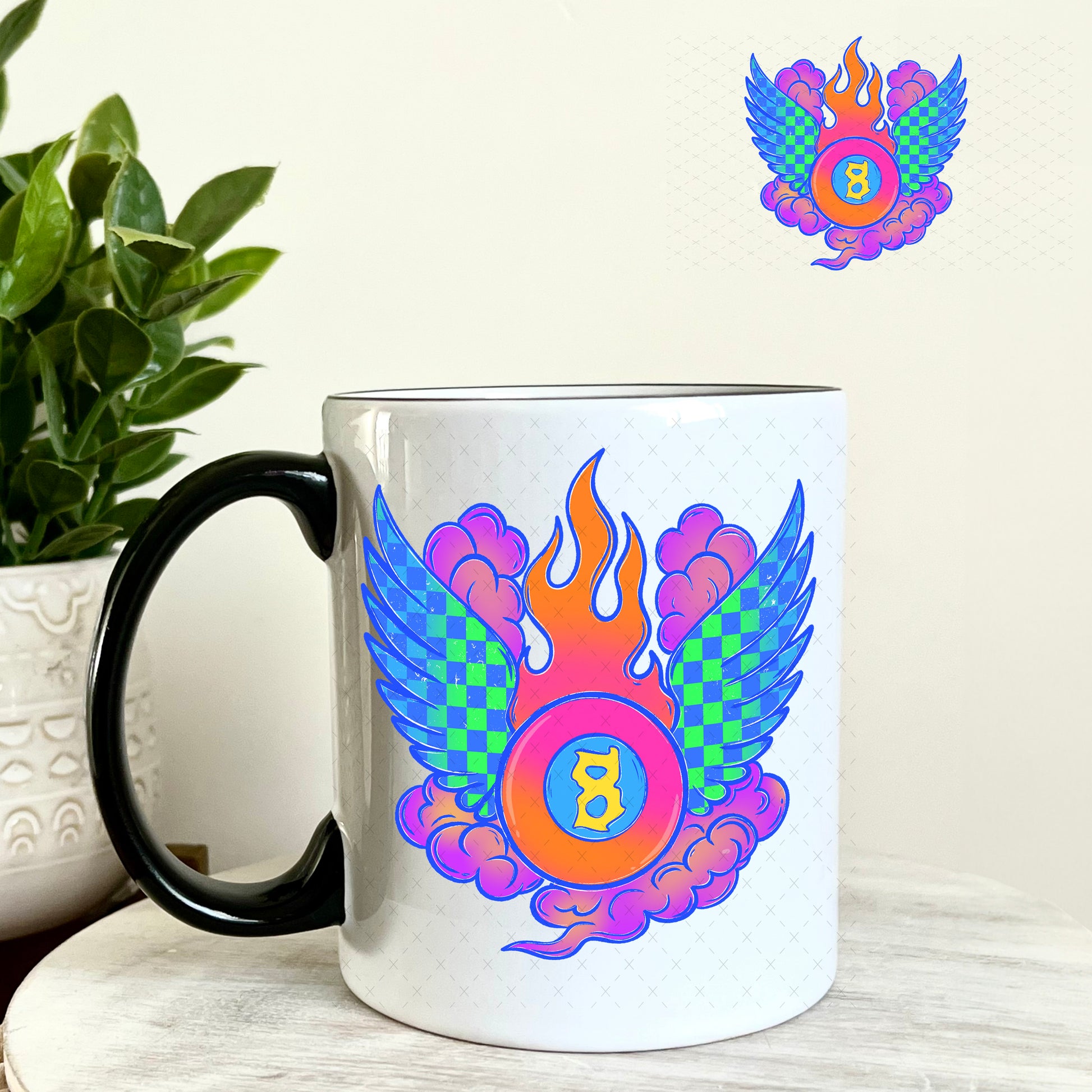 Purple Teal Eightball Wings UV DTF Decal 11oz Coffee Mug Weefers