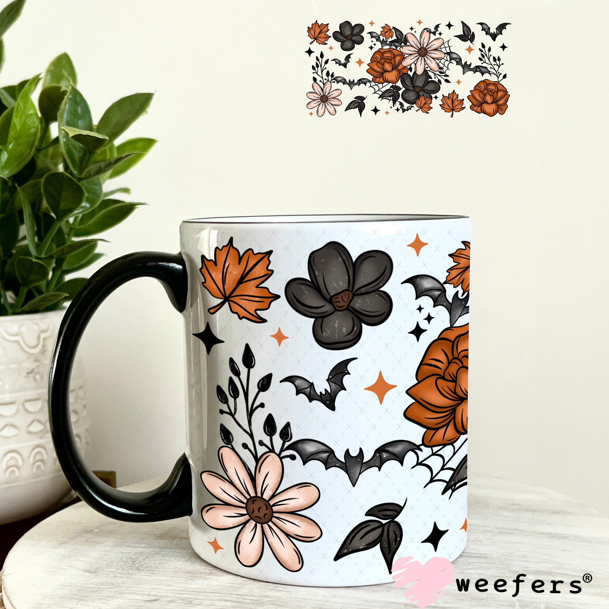 Rust and Cream Flowers Black Bats UV DTF Cup Wrap 11oz Coffee Mug Weefers