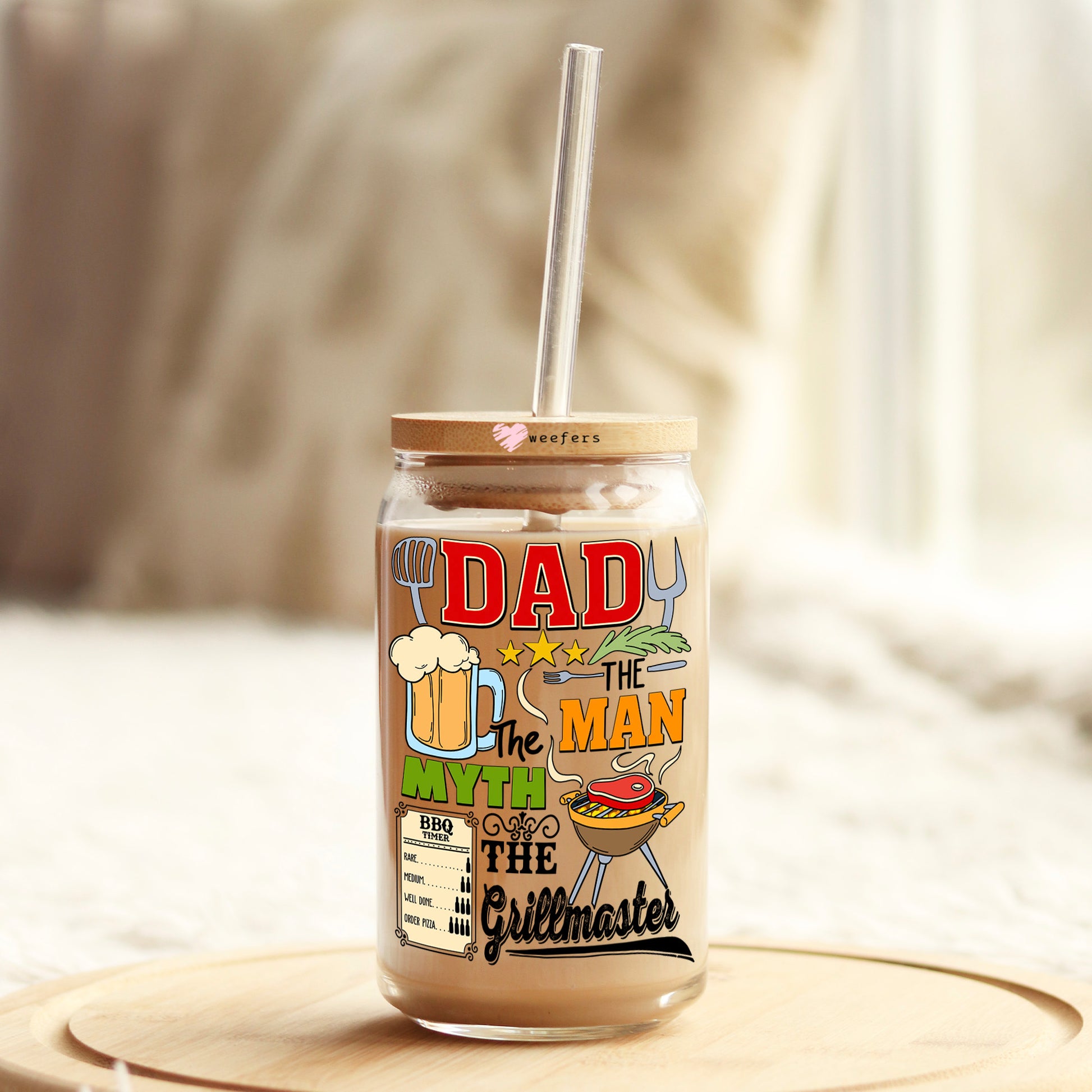 Dad the Man the Myth the Grillmaster Black 16oz Libbey Glass Can UV DTF or Sublimation Decal Transfer - Weefers