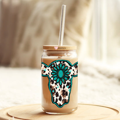 Cow Head Turquoise 16oz Libbey Glass Can UV DTF or Sublimation Wrap Decal Transfer - Weefers