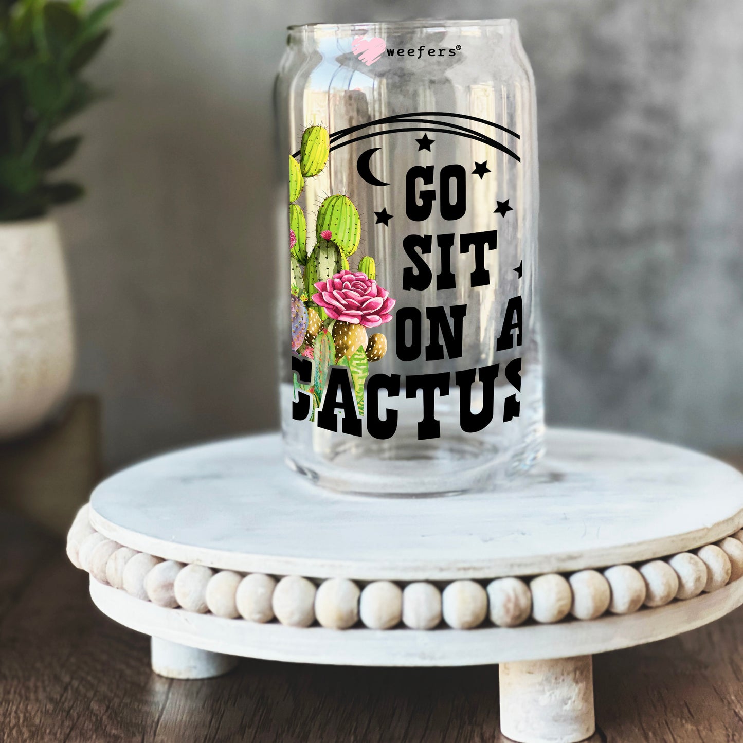 Go Sit on a Cactus 16oz Libbey Glass Can UV DTF or Sublimation Wrap - Decal Transfer - Weefers