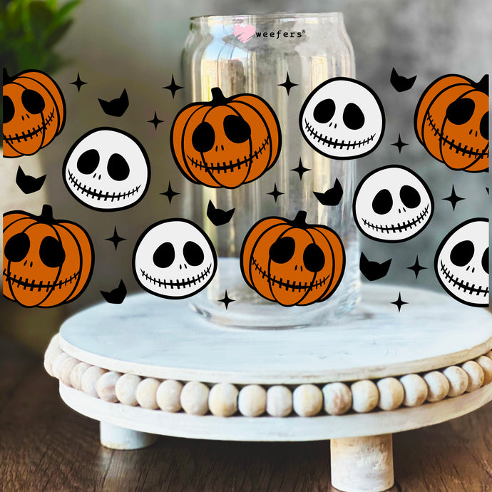 Skeleton and Pumpkin Heads 16oz Libbey Glass Can UV DTF or Sublimation Wrap Decal Transfer - Weefers