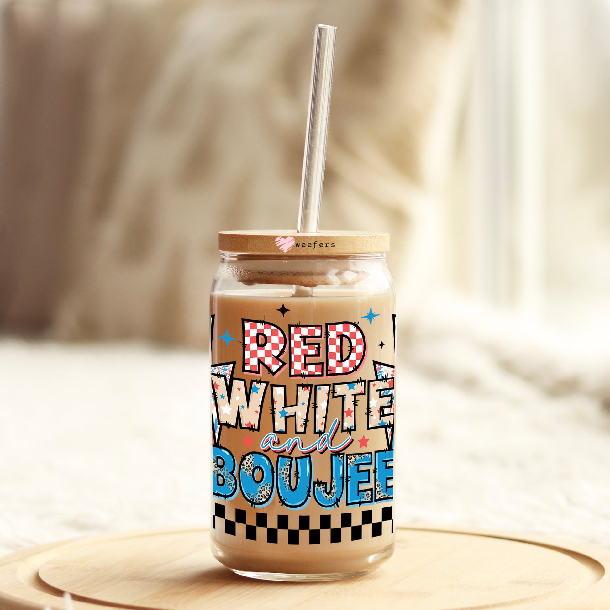 Red White and Boujee 4th of July 16oz Libbey Glass Can UV DTF or Sublimation Wrap Decal Transfer - Weefers