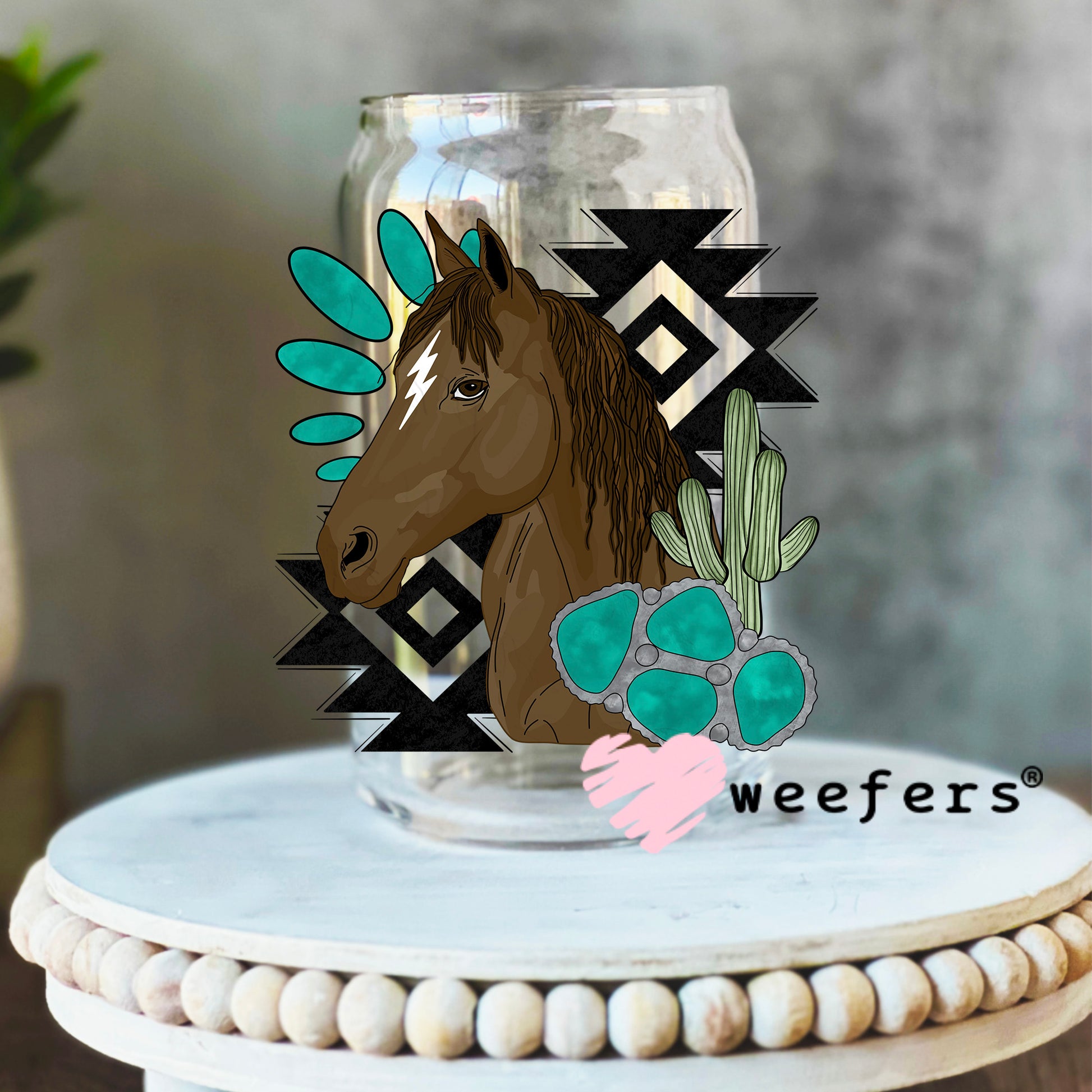 Western Horse Turquoise UV DTF Decal 16oz Libbey Glass Original Size Weefers
