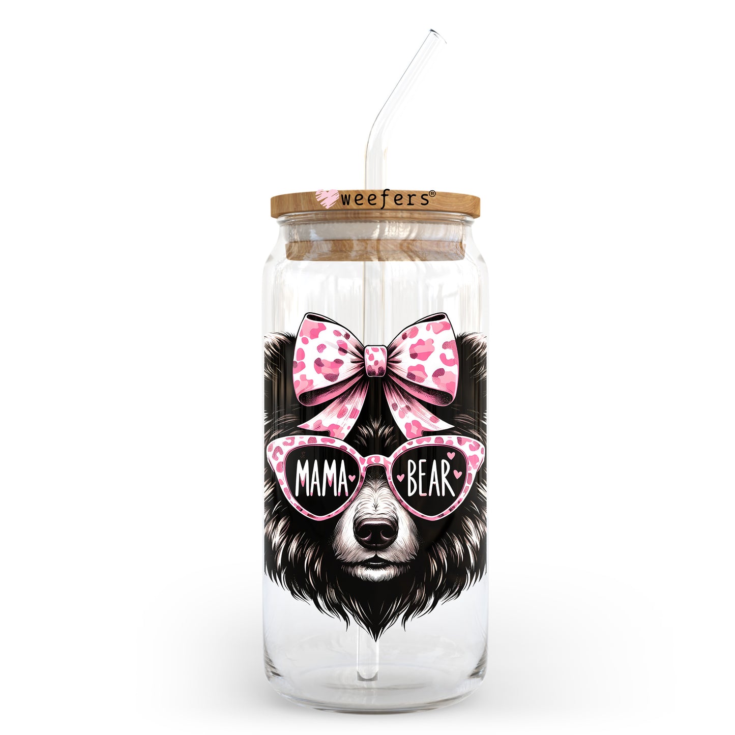 Mama Bear Pink Bow Sunglasses 20oz Libbey Glass Can, 34oz Hip Sip, 40oz Tumbler, 24oz Cold Cup UV DTF or Sublimation Decal Transfer - Weefers