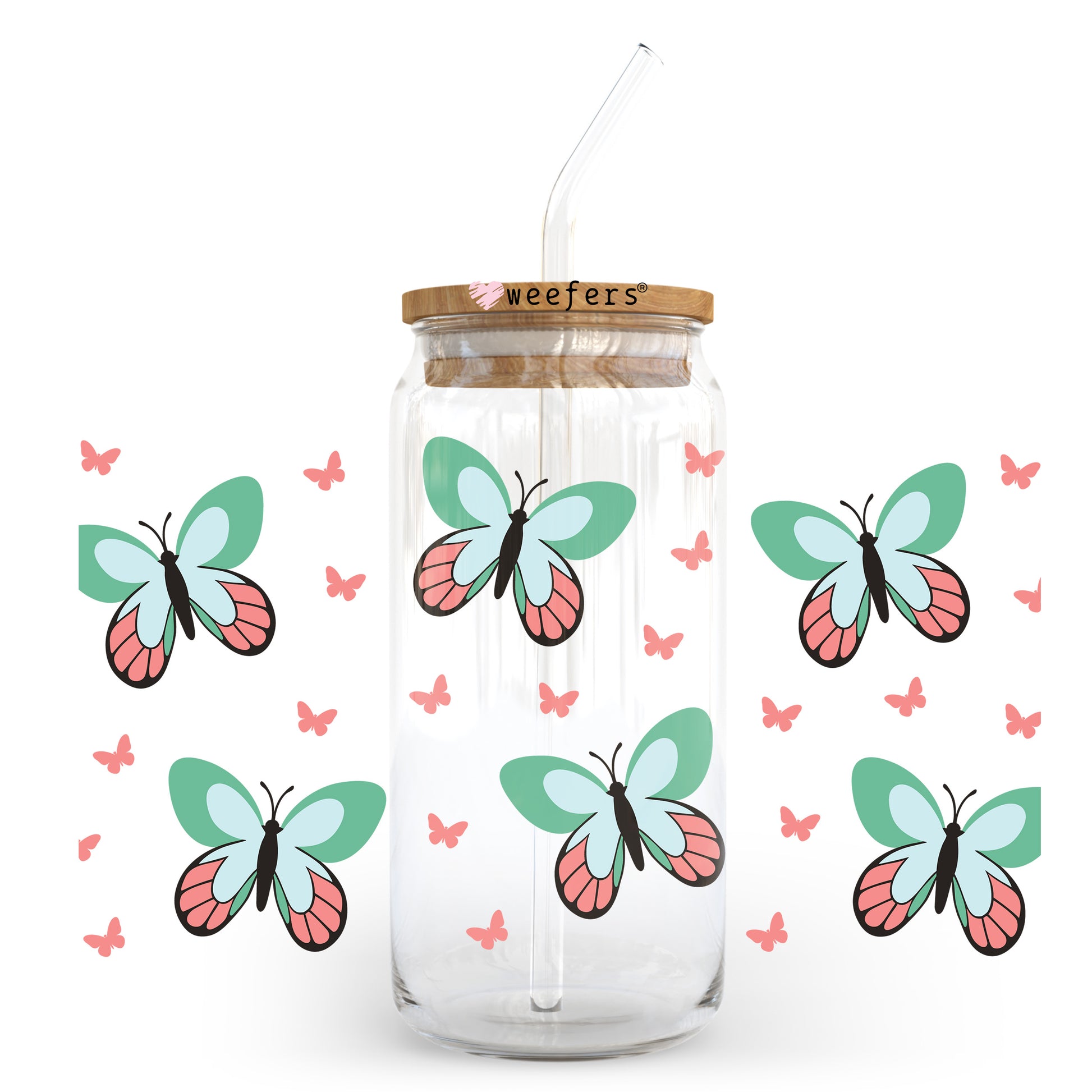 Pink And Green Butterflies 20oz Libbey Glass Can UV DTF or Sublimation Wrap - Decal - Weefers