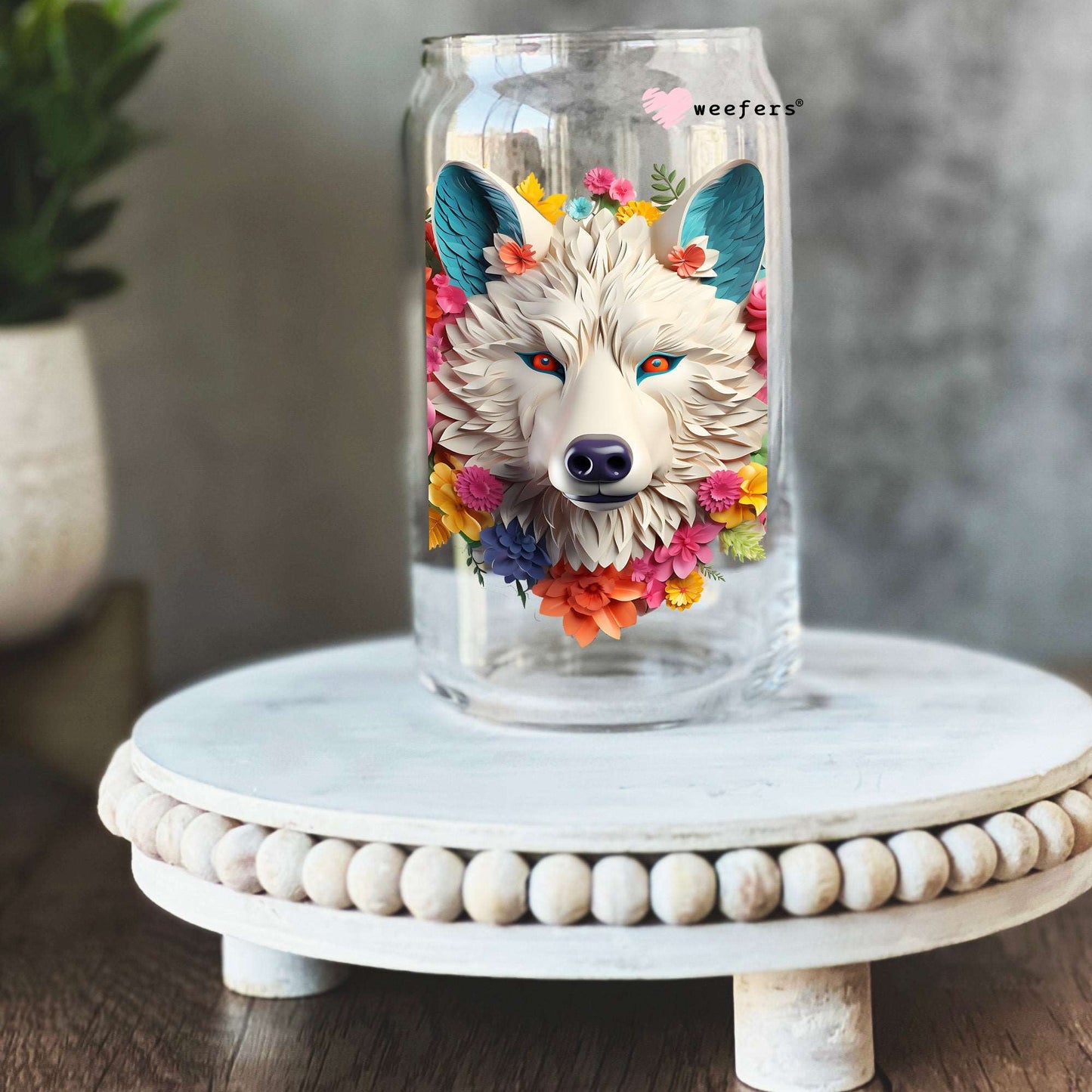 3D White Wolf Floral 16oz Libbey Glass Can UV DTF or Sublimation Cup Wrap - Decal Transfer - Weefers