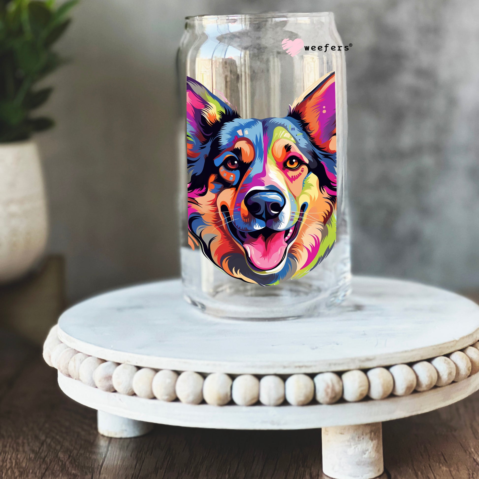 German Shepherd Colorful Watercolor 16oz Libbey Glass Can UV DTF or Sublimation Wrap - Decal - Weefers