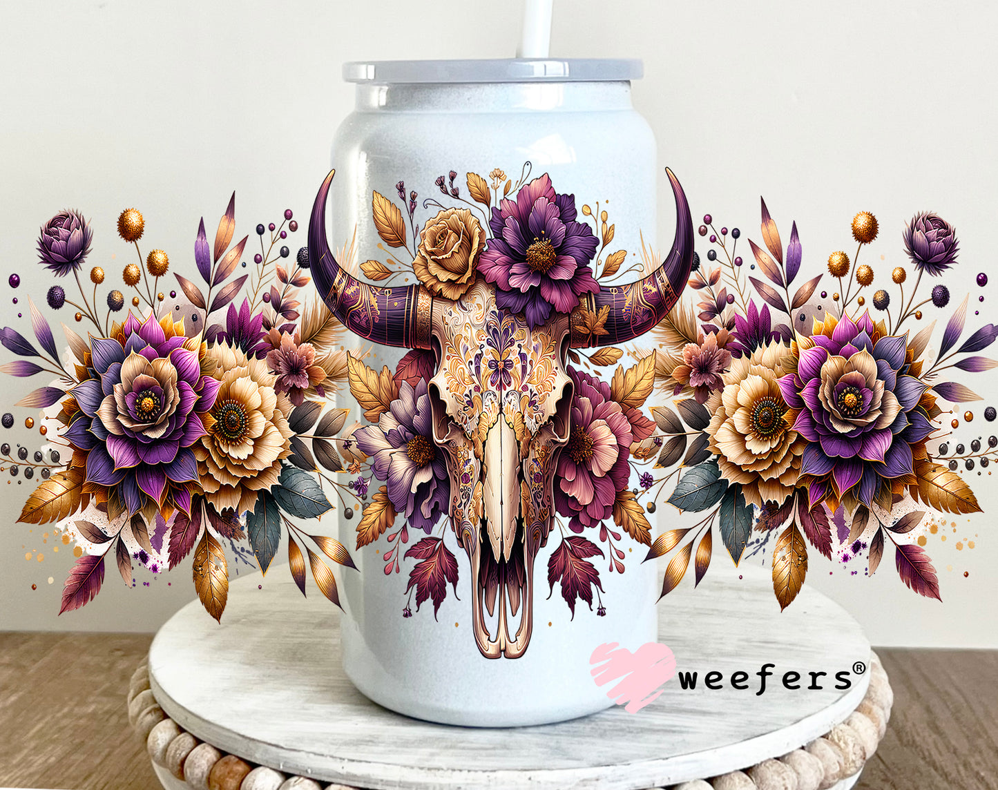 Purple Floral Cow Skull 16oz UV DTF Cup Wrap